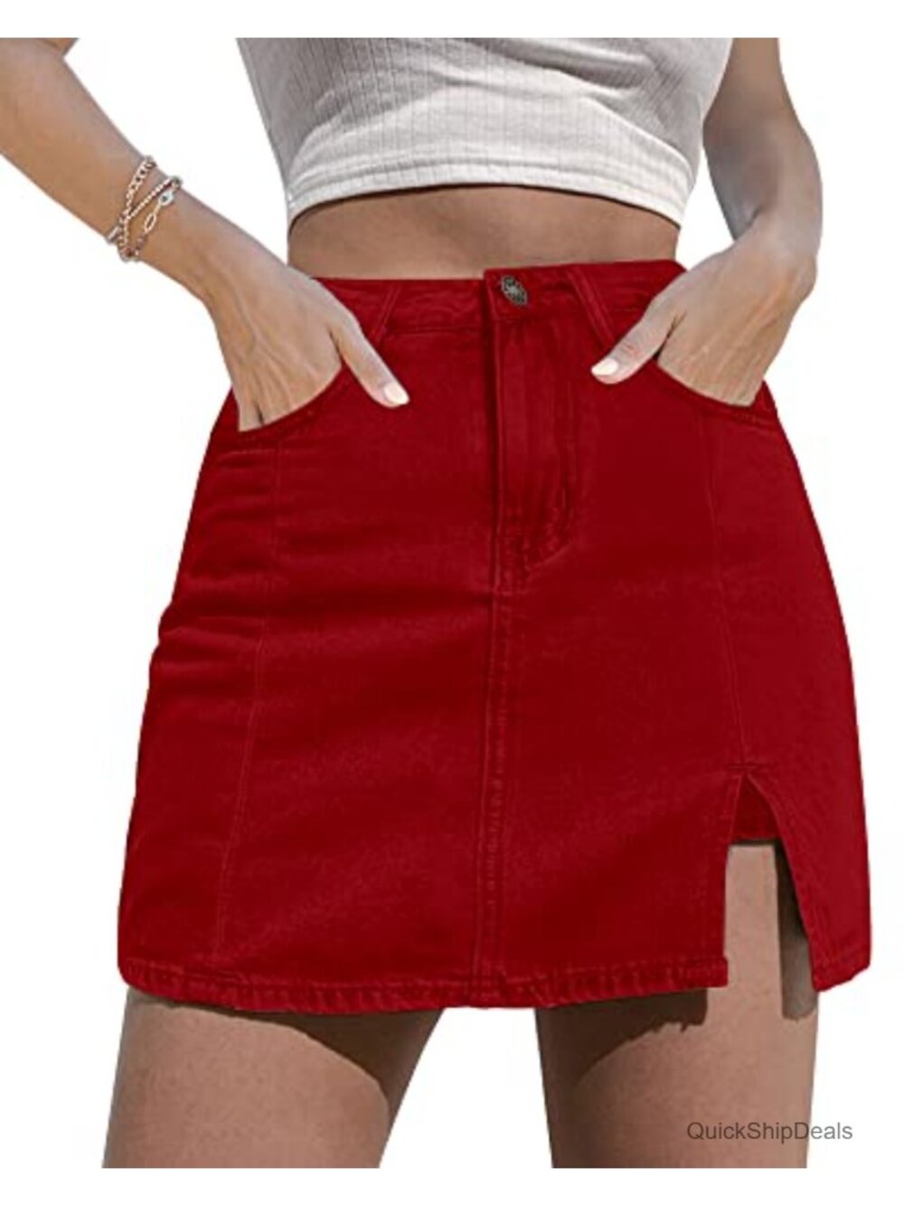 High Waisted Stretchy Denim Mini Skort with Side Slit